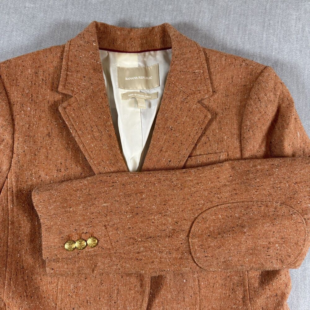 Banana Republic Tweed Blazer Women's 12 Orange Wool Silk Gold Button Career Fall